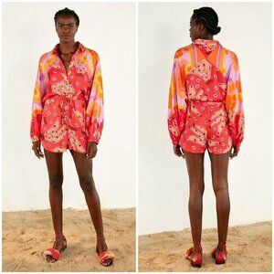 💕FARM RIO💕 Red Tiki Bananas Scarf Sleeve Romper ~ Tie Dye Cashew Small S NWT